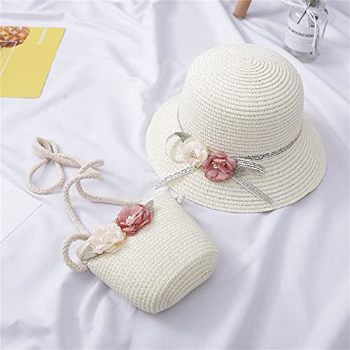 Little Girls Flower Straw Hat Cute Woven Sunblock Hat with Woven Shoulder Bag Packable Summer Wide Brim Beach Cap2