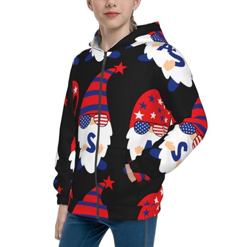 4th of July Gnomes Kids Pullover Hoodies Boys Zip Up Sweatshirts Girls Athletic Clothes with Pocket