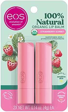 eos 100% Natural & Organic Lip Balm Sticks - Strawberry Sorbet, All Natural Lip Balm, All-Day Moisture, Dermatologist Recommended, 0.14 oz, 2-Pack