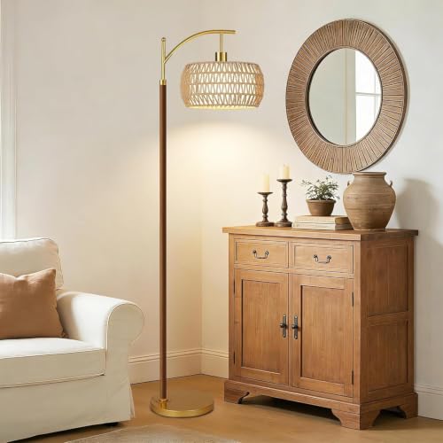 Image of ZECOXOL Wood Floor Lamps for Living Room Arc Boho Floor Lamp with Remote Control & 3 Color Temperatures,Vintage Wicker Rattan Standing Lamp Dimmable Tall Floor Lamp for Bedroom Living Room Corner