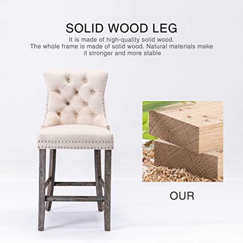 Virabit Velvet Bar Stools Set Of 4, 27" Padded Counter Height Bar Stools With Button And Nailhead Trim, Bar Stool With Back And Wooden Legs, For Kitchen, Cafe, Pub (Beige) #TOP5