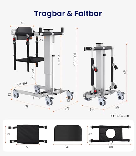 VOCIC Patientenlifter Elektrisch für zuhause AY06, verstellbar Transferstuhl 150KG Klappbar für Auto, Patientenheber für Kleine Räume, Toilettenstuhl Senioren mit Rollen