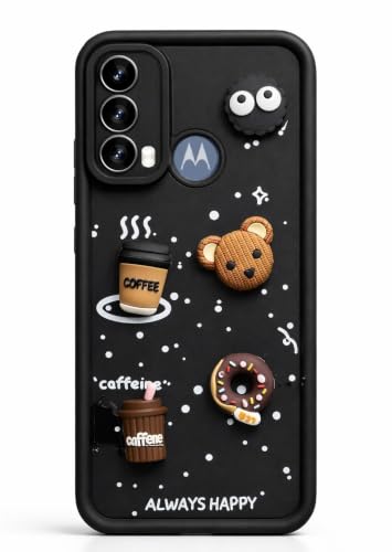 Image of Bintage Cute Fun Ball | Taddy Cartoon 3D Smiley Coffee Cup | Milk Donut | Full Protection Rubber Back Cover Compatible for Moto E30 / Moto E40 - Black