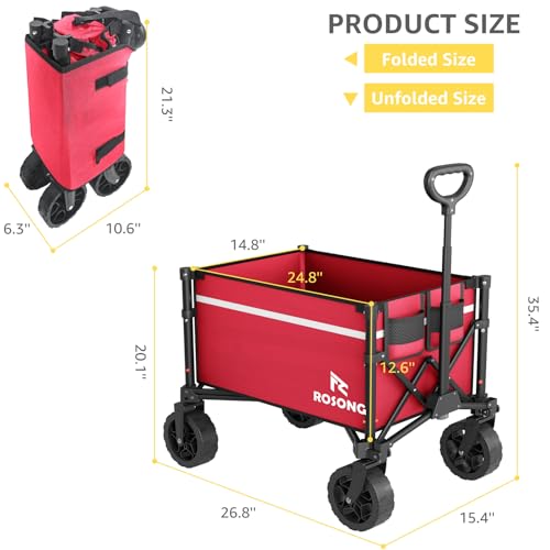 Image of ROSONG Collapsible Wagon Cart with Wheels Foldable - Folding Utility Heavy Duty Wagons Carts for Grocery Sports Garden Shopping Camping Wheelbarrows (Burgundy, 90L)