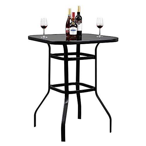 ETICIAN Elegant Wrought Iron High Bar Table with Tempered Glass Top - Perfect for Patio and Indoor Use (Black)