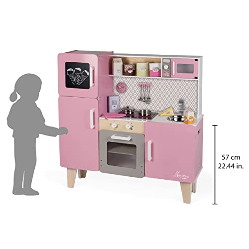 Janod - Macaron Wooden Maxi Cooker for Children - Cooker for Children Equipped with a Fridge and a Microwave - Pretend Play - 15 Accessories Included - For children from the Age of 3, J06571, Pink