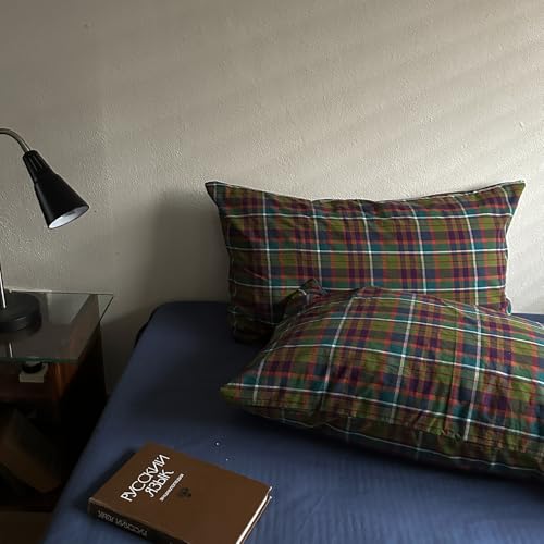 Image of VM VOUGEMARKET Retro Preppy Gingham Plaid Duvet Cover King Size,Colorful Green & Purple Tartan Bedding Set Washed Cotton Textured Breathable Comfy Duvet Cover with Zipper Closure