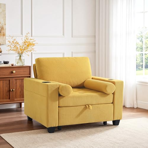 Image of 3-in-1 Sleeper Chair Pull Out Sofa Bed, Convertible Reclining Seat Upholstered Armchair, Adjustable Backrest Recliner Chair with Side Pockets, Cup Holder & USB Ports - Yellow