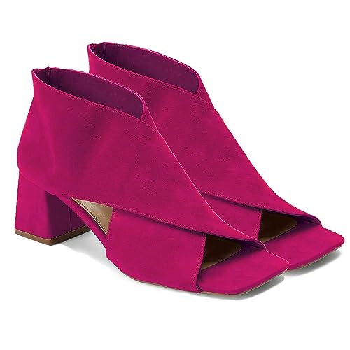 LEHOOR Women Chunky Heel Open Toe Booties Suede Side Cut-Out Ankle Boots Square Peep Toe 2 Inch Block Mid Heels Dress Heeled Sandal Booties Back Zipper Summer Casual Size 4-11 M US4