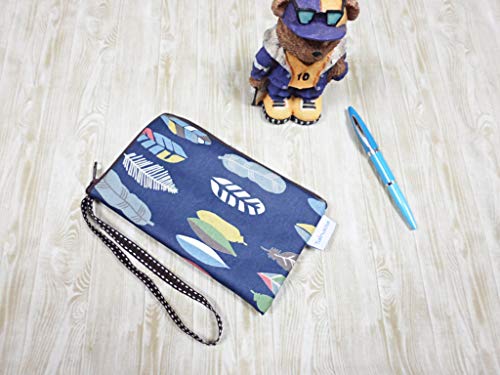 Image of Taianda Women Phone Wristlet Wallet Pouch (Feather Pattern Navy Blue)