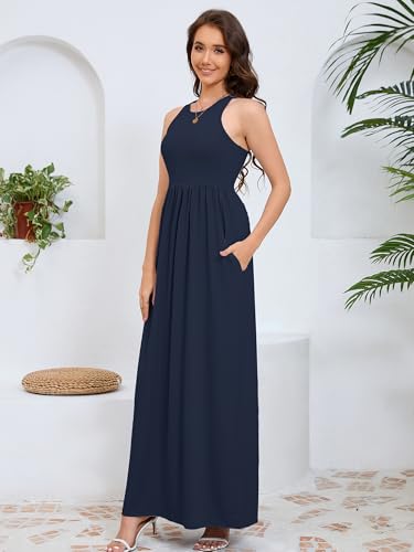 Image of DEARCASE Women's Sleeveless Maxi Dress Casual Plain Loose Summer Vacation Beach Long Dresses with Pockets