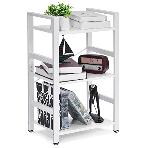 BEWISHOME 3 Tier Bookshelf, White Small Bookshelf for Small Spaces, Short Wooden Storage Bookcase with Metal Frame for Bedroom Living Room and Home Office JCJ62W