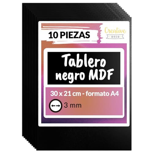 Creative DECO 10 x A4 MDF Tablero Madera Negro | 300 x 210 x 3 mm Corte por Laser, CNC Router, Modelado, Calado, Bricolaje, Manualidades