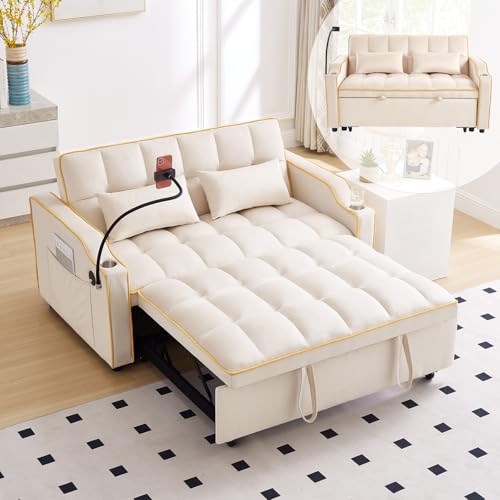 Image of Convertible Sofa Bed, 3 in 1 Futon Sofa Bed with USB Charging Ports, Cup Holder, Phone Stand & Pocket, Modern Upholstered Sleeper Sofa for Living Room, Apartment or Small Space (Beige-L)