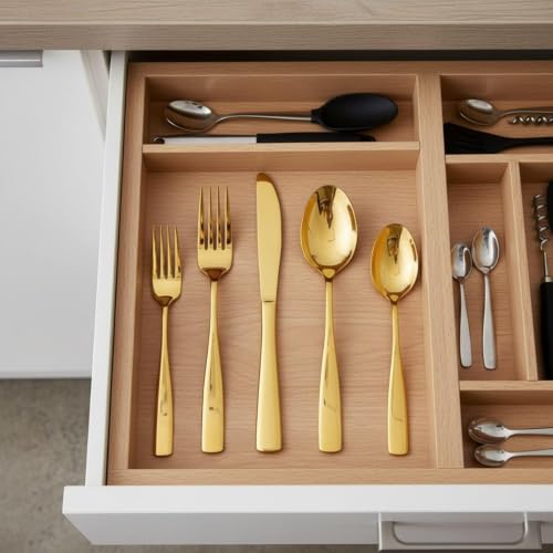 Image of 5 Pcs Gold Cutlery Set for Dining Table the Perfect Mirror Polish Hevy Duty Tableware Including Dinner Spoon, Dinner Fork, Dinner Knife, Dessert Spoon & Dessert Fork