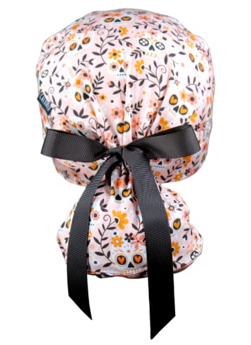 Image of Scrub Cap for Women and Men, Ponytail Scrub Caps, Working Hat, Head Cover with Ribbon Ties and Buttons, Long Hair