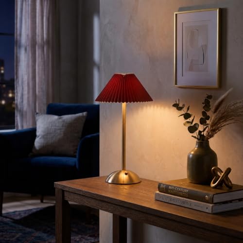 Image of NYRWANA Cordless Table Lamp Metal | 2000mAh Battery | Home Decor, Desk Lamps for Bedroom, Living Room, Study Room, Stepless Dimming, 3 Colour Touch Control, USB-C Charging (Red)