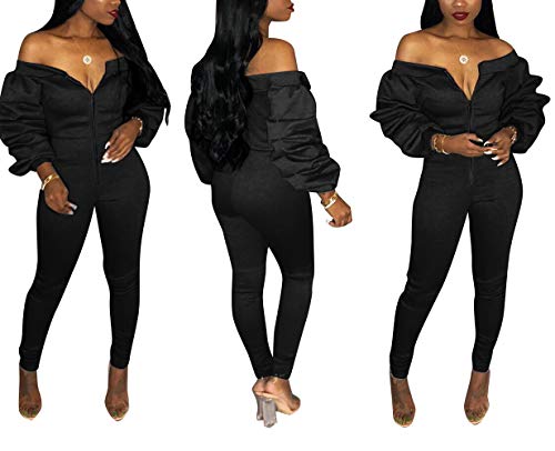 Ophestin Women Patchwork Cotton Zip-Up Long Ruched Sleeve Pleated Bodycon Long Rompers Clubwear Black Xxl #TOP1