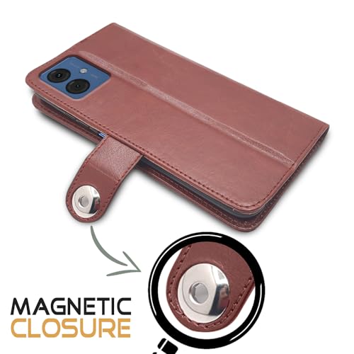 Image of Pikkme Flip Cover Leather Finish | Inside TPU with Card Pockets | Wallet Stand and Shock Proof | Complete Protection Button Flip Case for Moto G14(Brown)