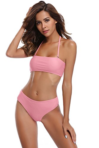 SHEKINI Costumi da Bagno Donna Sexy Push Up Bikini Set Imbottito del Bandeau Due Pezzi Bikini Triangolo Mid Waisted Bottom Swimwear Bretelle Rimovibili (X-Large, Rosa)