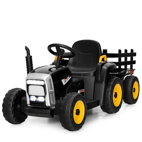 Image of Costzon Ride on Tractor with Detachable Trailer, Kids' Electric Vehicles w /3-Gear-Shift Ground Loader, Wireless Design & USB, 7 LED Headlights, Remote Control Tractor Toy for Kids 3+ (12V, Black)