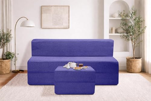 Image of Rosebell Foldable Sofa-Cum-Bed with Ottoman | 3-in-One Foldable Sofa, Lounger & Bed-5x6 Feet Three Seater- Perfect for Home & Office -Purple-Color
