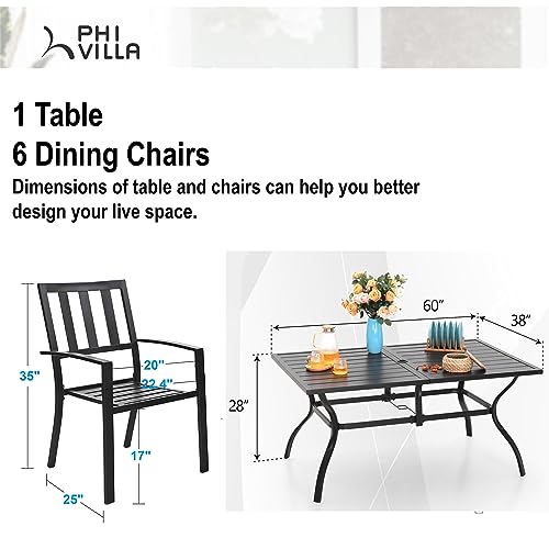 PHI VILLA 7 Piece Metal Outdoor Patio Dining Bistro Sets with Umbrella Hole - 60\" x 37.8\" Rectangle Patio Table and 6 Backyard Garden Outdoor Chairs,Black - Thumbnail 6