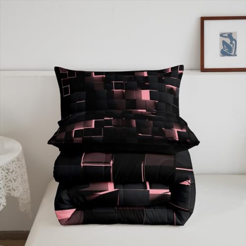 Image of Erosebridal Pink and Black Comforter Set King Neon Geometric Checkered Bedding Set for Kids Girls Teen,Tereoscopic Grids Comforter Square Plaid Quilt Duvet Room Decor 3 Pcs