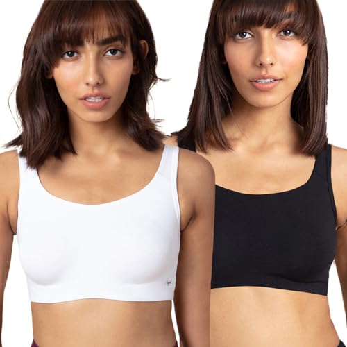Image of NYKD Soft Cup Easy Peasy Slip On Everyday Bra for Women, Wireless, Full Coverage, Support Shaper, Non Padded Sports Bra- NYB113,White /Black,M,PO2