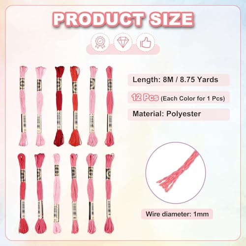 Image of PATIKIL 12 Skeins Embroidery Floss Polyester Embroidery Threads Bracelets String for Cross-Stitch Hand Embroidery, Red