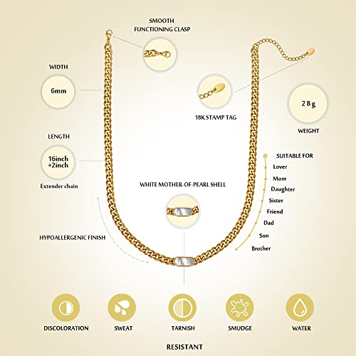 Tripod Jewelry Womens Italian 6Mm Cuban Link Chain Choker With White Mother-Of-Pearl Shell, 18K Real Gold Plated 316L Stainless Steel Diamond-Cut Curb Necklace.(Custom Box And Pouch Packing For Gift) #TOP1