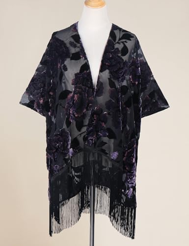 Image of MJ SERECA Women's Burnout Velvet Kimono Cardigan Cover Up with Tassel