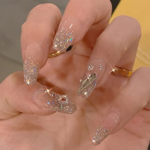 Diamond Glitter Long Press on Nails,Glossy Full Cover Fake Nails With Glue Sticker,False Nails Art Decoration,Home DIY Fingernails Artificial Acrylic Nails Tips for Women Girls-24PCS