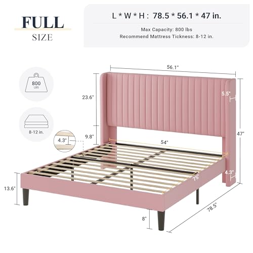 Allewie Full Size Velvet Bed Frame/Vertical Channel Tufted Wingback Headboard/Upholstered Platform Bed/Strong Wooden Slats/No Box Spring Needed/Easy Assembly/Pink
