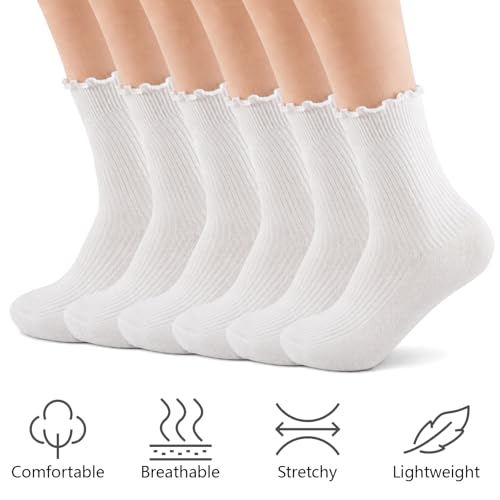 Maxmoc 6 Paar Rüschen Socken, Baumwolle Sockens mit Rüschen Damen, Weiße Mittelhoch Rüschensocken Weiche Atmungsaktive Strick Socken für Damen und Mädchen, 36-42,Weiße