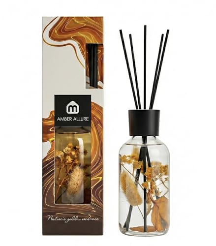 Mavere Luxury Reed Diffuser with Real Dried Flowers (250ml) Ã¢â‚¬â€œ Long Lasting Home Fragrance with Essential Oils Ã¢â‚¬â€œ Aromatherapy Scented Sticks & Glass Bottle Gift Set Ã¢â‚¬â€œ Amber Allure