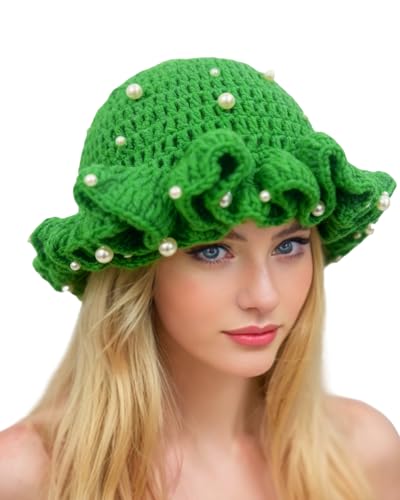 Image of Women Crochet Bucket Hat Cute Winter Ruffled Brim Floppy Cap Handmade Knit Cloche Hats