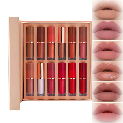 Image of 12-Color Matte Liquid Lipstick Set in Velvet Nude Pink and Red Shades - Waterproof Long-Lasting Lipstick with Non-Stick Cup Finish, Highly Pigmented Lip Gloss Tint and Lip Stain Makeup Kit for Women