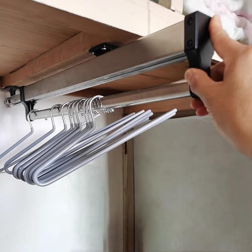 Adjustable Extendable Closet Rod - Pull Out Clothes Hanger Rail Rack with 2 Sliding Rails, 201 Steel Finish, Fits 30-80cm Spaces (31.5inch) for Organized Wardrobe Storage