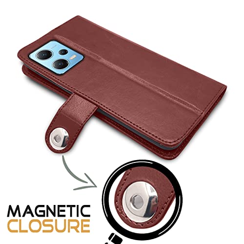 Image of Pikkme Poco X5 5G / Redmi Note 12 5G Flip Cover Leather Finish | Inside TPU with Card Pockets | Wallet Stand and Shock Proof | Complete Protection Button Flip Case (Brown)