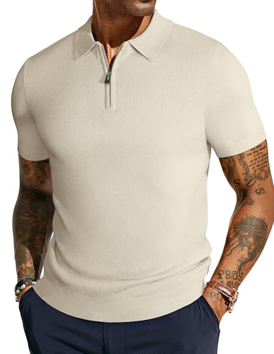 PJ PAUL JONES Mens Knit Shirts Casual Short Sleeve Polo Shirt for Men Textured Knitted 1/4 Zipper Pullover Men for Summer Spring Shirt M Apricot