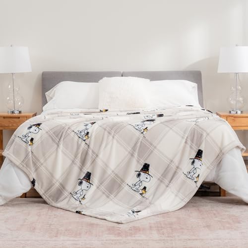 Image of Berkshire Blanket Peanuts VelvetLoft Cute Character Snoopy Plush Blanket,Lakeside Plaid Harvest Snoopy and Woodstock Grey,Twin 60 in x 90 in (Official Peanuts Product)