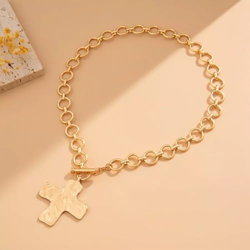 18k Gold Chunky Cross Necklace for Women Hammered Cross Choker Necklaces Bold Statement Necklace Trendy Jewelry4