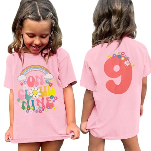 AG AGUU On Cloud Nine Birthday Girl Shirts Kids Girls Birthday Outfits Flower 9th T-Shirt Party Tees Tops 9 Years Old(Light Pink-9th)