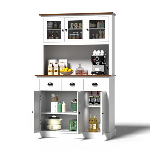 Image of MU 71 inch Kitchen Pantry Cabinet with Charging Station, Tall Kitchen Hutch with Countertop, Drawers & Microwave Shelf, Food Storage Cabinet, White
