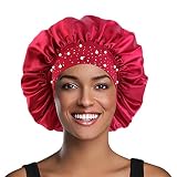 YeeMan Hair Bonnet Glittering Pearls and Rhinestones Satin Bonnet Wide Band Sleeping Cap (Wine Red)