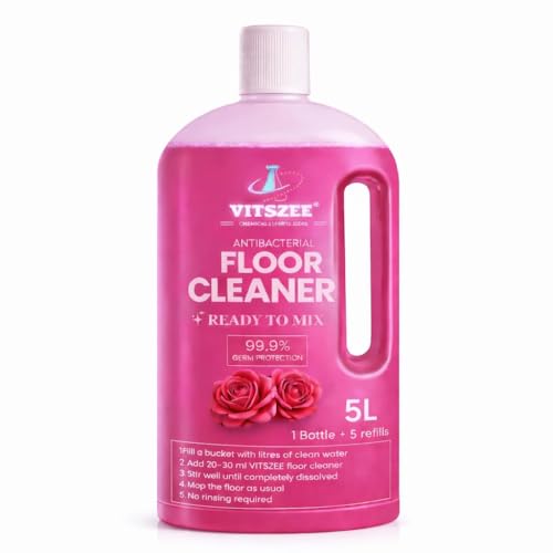 Image of VITSZEE Floor Cleaner 5L | Ready to Mix | Disinfectant Surface liquid | Kills 99.9% Germs | Long Lasting Fragrance | Suitable for Tiles, Marble, Kitchen & Bathroom (5 Litres, Rose Fragrance)