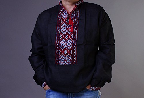 Vyshyvanka Mens Ukrainian Embroidered Shirt Handmade Black Linen Fashion Wedding Dress Size L #TOP2
