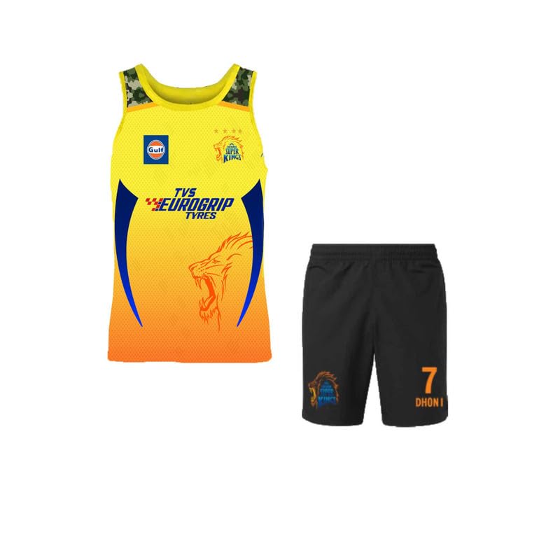 Image of CSK thala Dhoni 7 Official Cricket Team Jersey with Black Shorts for Boys and Men(10-11Years,Multicolor-2)