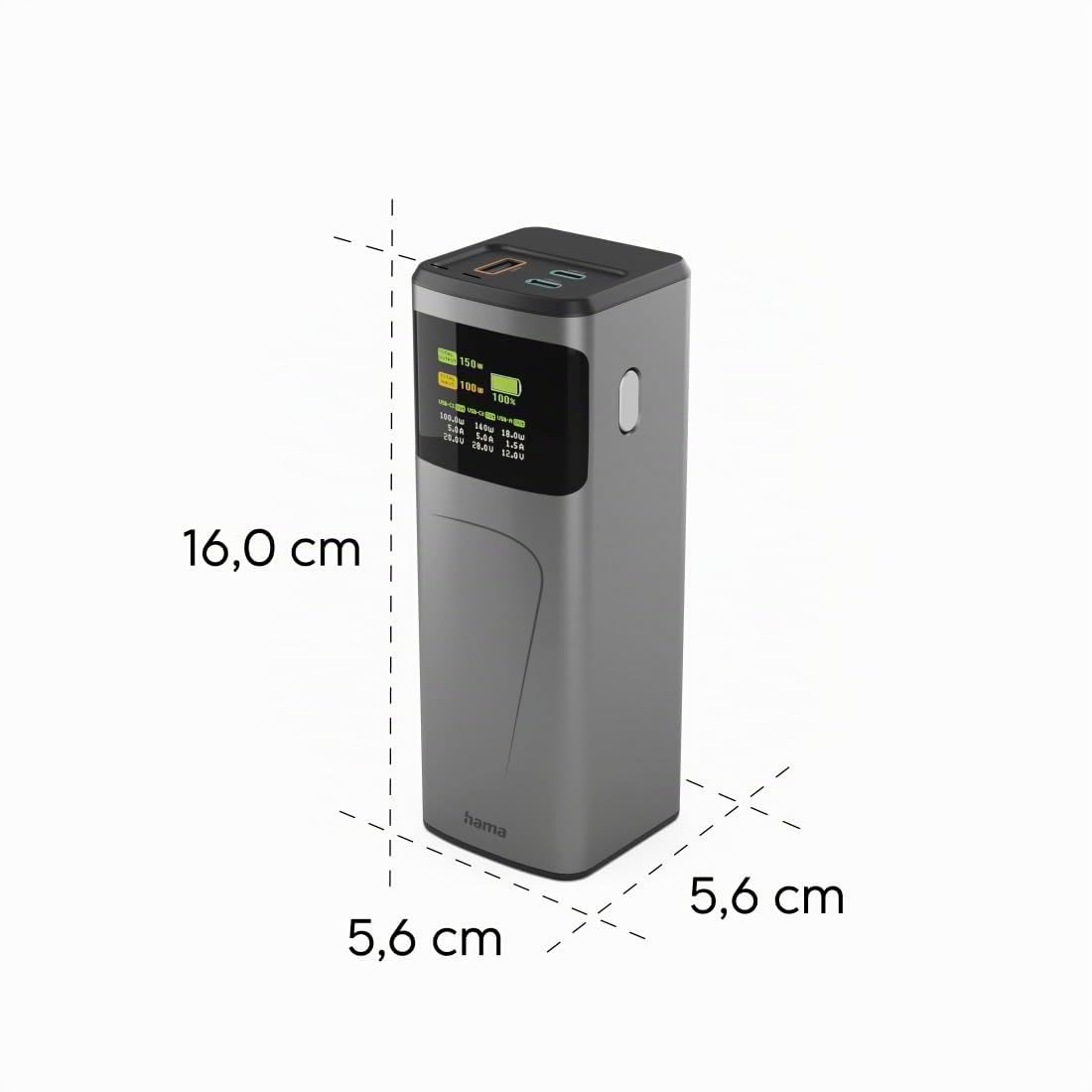 Hama | Power Bank High Power 24.000 mAh 150 W USB-C PD Pantalla TFT | Power Delivery 3.0 y Quick Charge 3.0, 2 USB-C y USB-A, ideal para portátil, tablet, gaming y smartphone, Gris